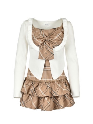 Frill Cardigan Check Ribbon Onepiece