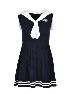 Tie Collar SleeveLess Knit Onepiece